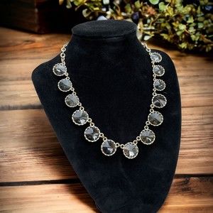 Smokey Gray Large Rhinestone Statement Necklace Gold Tone Chain 16 in.